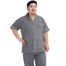 Элегантные серые полосатые пижамные комплекты из хлопка размера плюс 140 кг 5XL, Мужские пижамные комплекты с коротким рукавом, брюки, одежда для сна для мужчин, повседневные пижамы