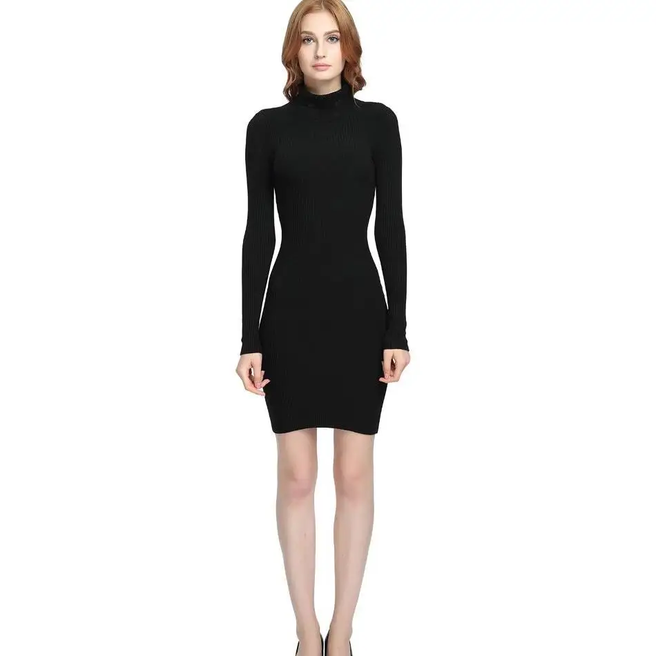 

Turtleneck Knitted Sweater Dress Women Autumn Spring Noodles Elastic Long Sleeve Bodycon Dress Black Sexy Winter Dress