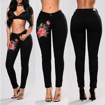 

Stylish Women Embroidered Floral Jeans Slim Denim Pants Trousers High Waist Black Jeans