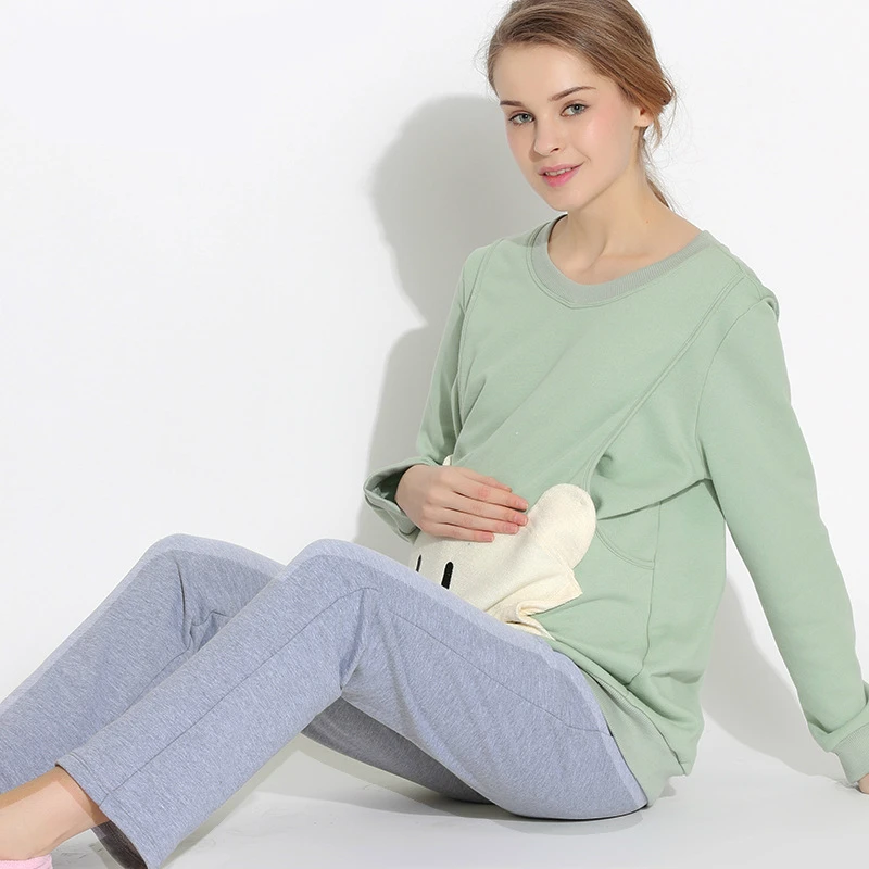

2018 spring and autumn new cotton long-sleeved Cartoon Round Neck pajamas top + pants set