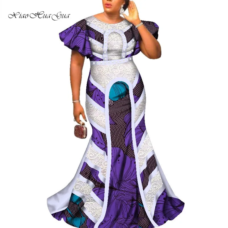 2019 Африканский Базен Riche Femme свадебное платье Африканские модные длинные платья для женщин Круглый вырез бабочка рукав вечерние платья WY2586