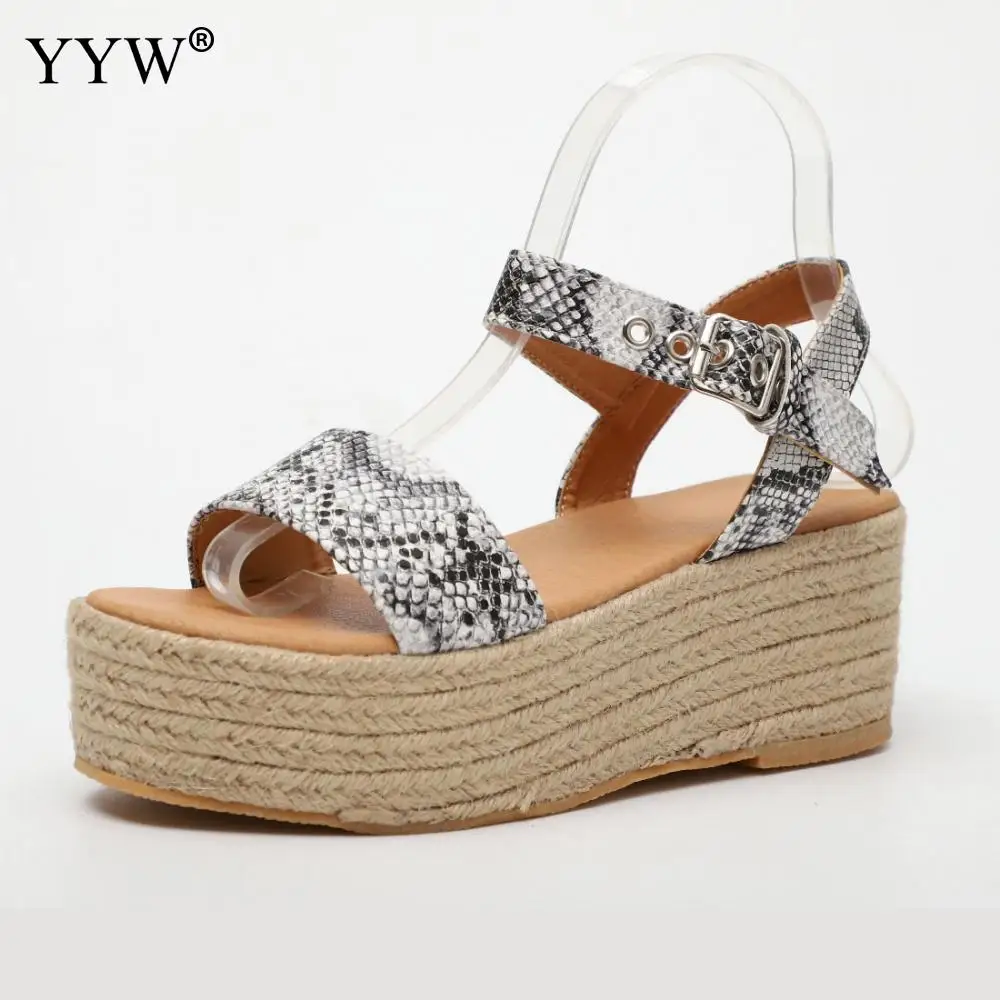 

Pu Leather Flange High Muffin Heel Adisputent Summer Snake Wedges Platform Women Sandals Female Buckle Strap Casual Lady Shoes