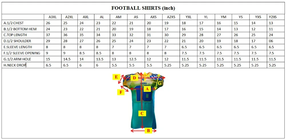 SIZE CHART FOR FOOTBALL JERSEYS
