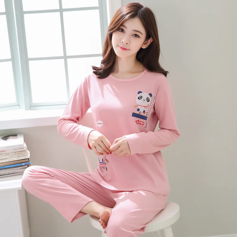 Женские пижамные комплекты, Осень-зима, женский удобный теплый толстый пижамный комплект с цветочным принтом, пижамный комплект с длинным рукавом, одежда для сна - Цвет: xiongmao pink