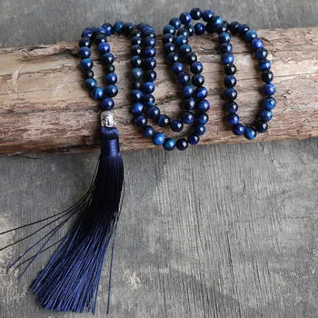 

Dropshipping Meditation Necklace High Quality Natural Blue Tiger-eye Stone Soft Tassel Necklace Women Men Buddha Mala Necklace