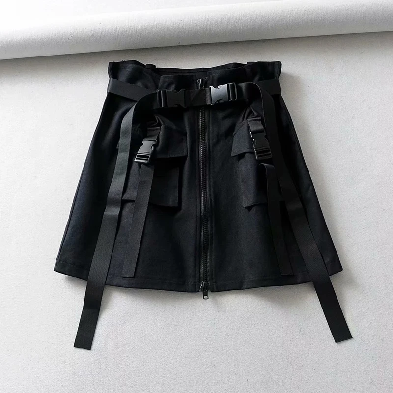 Повседневная Женская мини-юбка трапециевидной формы в уличном стиле с черными лентами, американская летняя дизайнерская мини-юбка на молнии спереди, Повседневная мини-юбка с карманами - Цвет: khaki