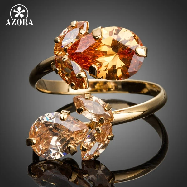 AZORA Gold Color Double Flowers Champagne Cubic Zirconia Waterdrop Adjustable Si AZORA Gold Color Double Flowers Champagne Cubic Zirconia Waterdrop Adjustable Si