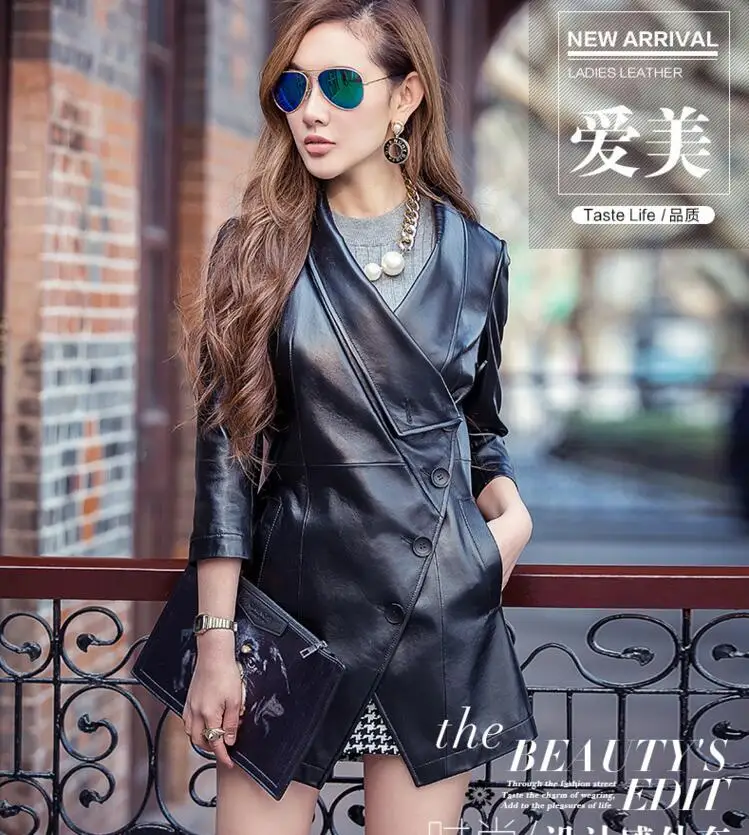 Slim Taille Très Cuir Manteau Fit Dames Mode Est Veste Femmes Noir La Tranchée 2017 En Qualité Longue Plus Bon Printemps vaOxx0