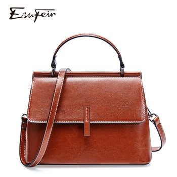 

New 2019 ESUFEIR Oil Wax Leather Women Handbag Top Handle Bags for Women Fashion Shoulder Bag Cover Zipper Cross body Bag bolsos
