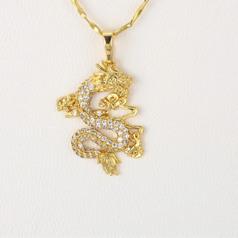 Микро проложили циркония в Форме Дракона Кулон цепи Желтое золото Заполненные женские мужские кулон ожерелье