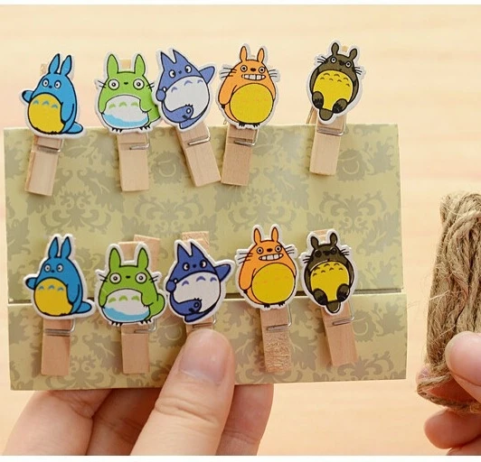 

10Pcs/Lot New Kawaii Totoro Cartoon Wooden Clip Photo Paper Craft DIY Clips with Hemp Rope H0790