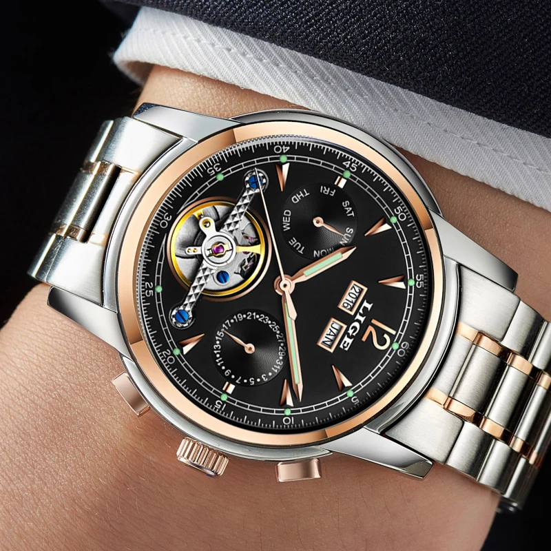 LIGE Men Watches Top Brand Luxury Tourbillon Mechanical Sports Watch Mens Fashion Business Automatic Watch Man Relogio Masculino