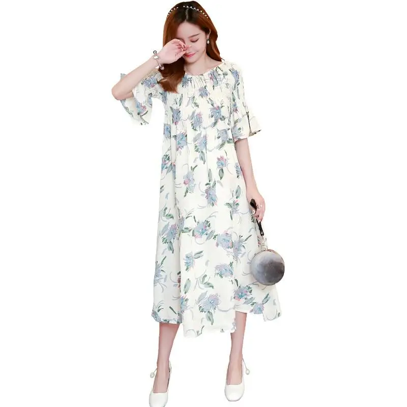 

2019 Summer Maternity Print Flower Casual Dress Elegant Pregnancy Clothes Pregnant Women Lady Flare Sleeve Nursing Dress Q902