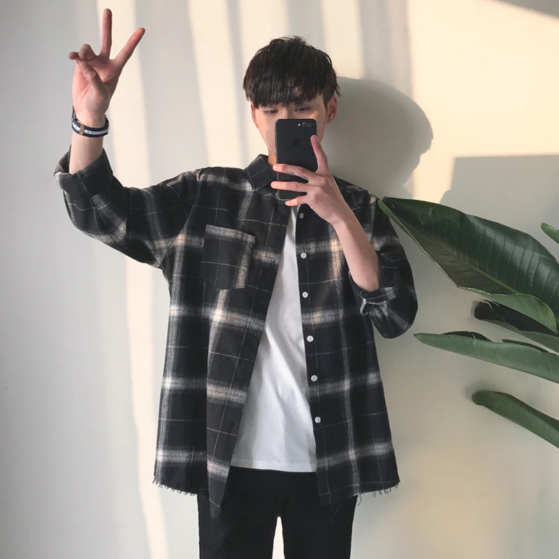 

Fashion Casual Men's Long-sleeved Shirt Spring And Autumn New S-3XL Plaid Loose Shirt White Black Personality Youth Popular