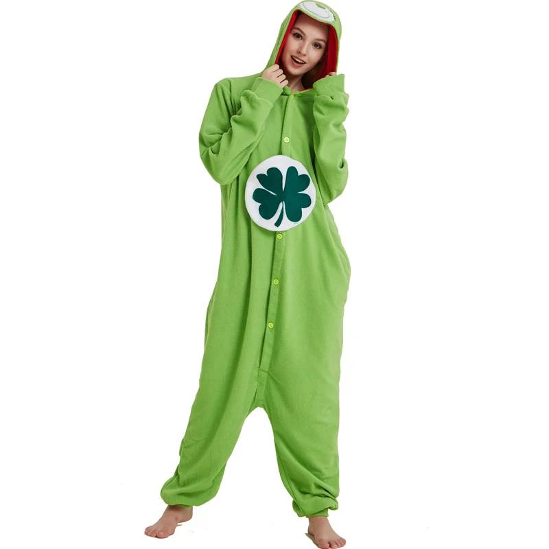 Green Four-leaf Clover Lucky Care Bear Cosplay Pajamas Adult Women Men Unisex Onesie One Piece Hooded Romper Party Costumes (3)