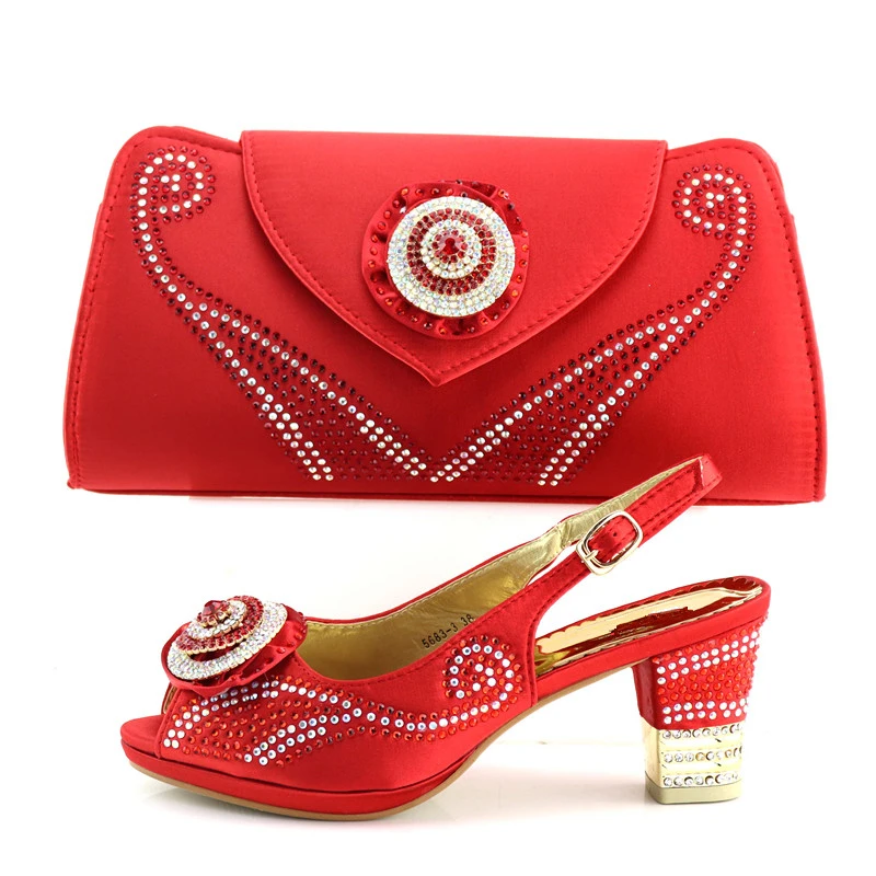 

Latest Design Red Nigerian Shoes and Matching Bag Set Decorated with Rhinestone Luxury Shoes Women 2018 Women Summer Party Shoes