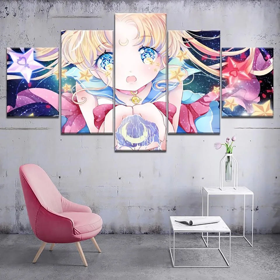 

Home Decor Painting Canvas Print 5 Piece Animation Sailor Moon Poster Modern Wall Art Modular Picture Bedroom Background Frame