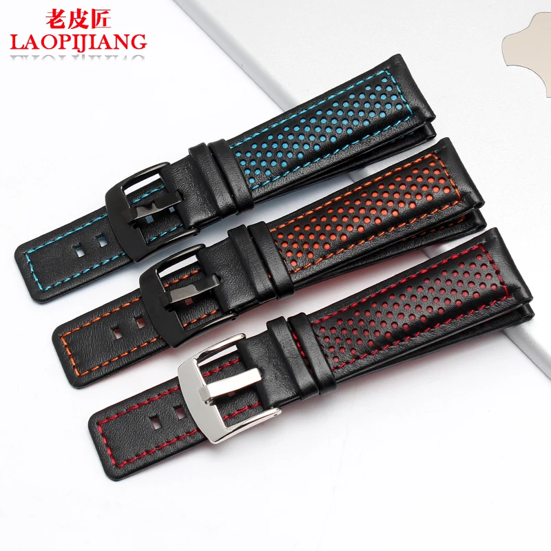 

Laopijiang 22 mm leather handmade orange red blue change wrist strap buckle watch strap