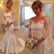 Mermaid V Neck Appliqued 3/4 Sleeves Wedding Dresses Sweep Train Satin Bridal Dresses With Sleeves AS37