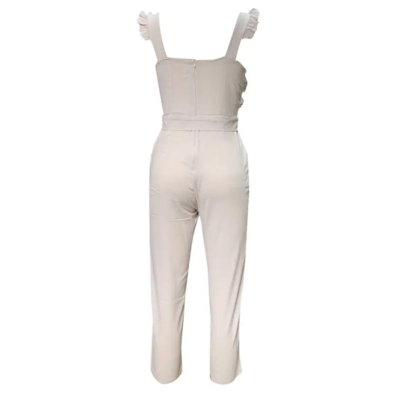 New Women's Summer Fashion Casual Linen Shirred Frill Sleeves Pockets Jumpsuit Ladies Belted Summer Holiday #4A25 (14)