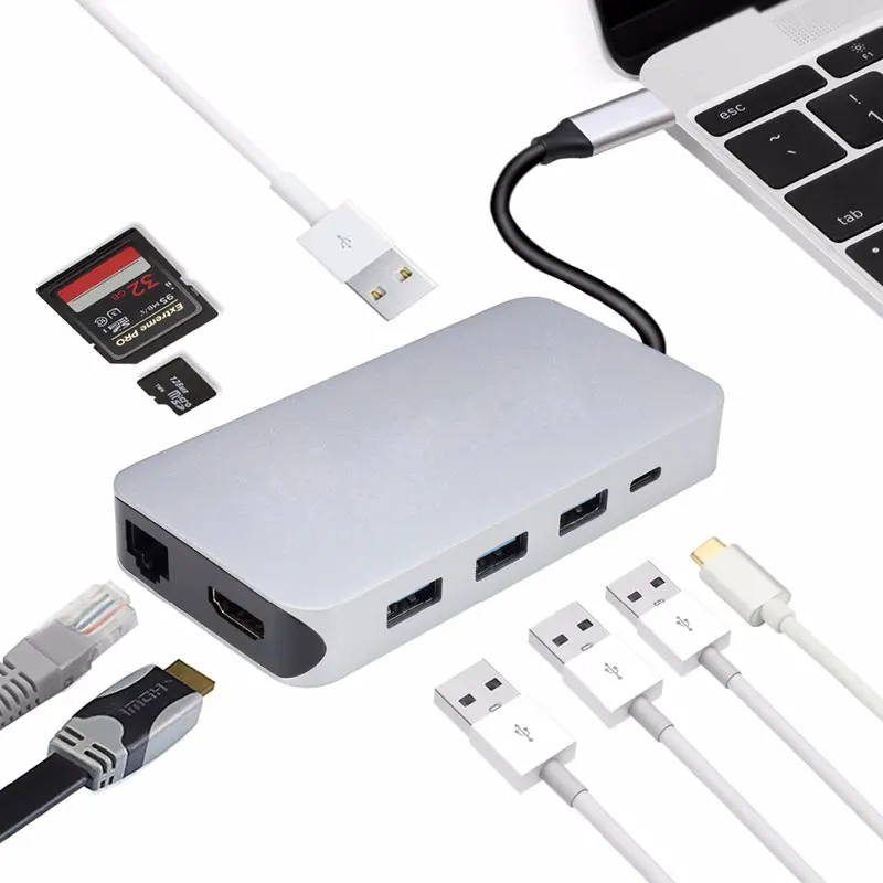 

9-in-1 Thunderbolt 3 USB-C Hub Dock Dongle to HDMI Rj45 Adapter with PD Charging Port SD TF card Reader Slot for MacBook Pro
