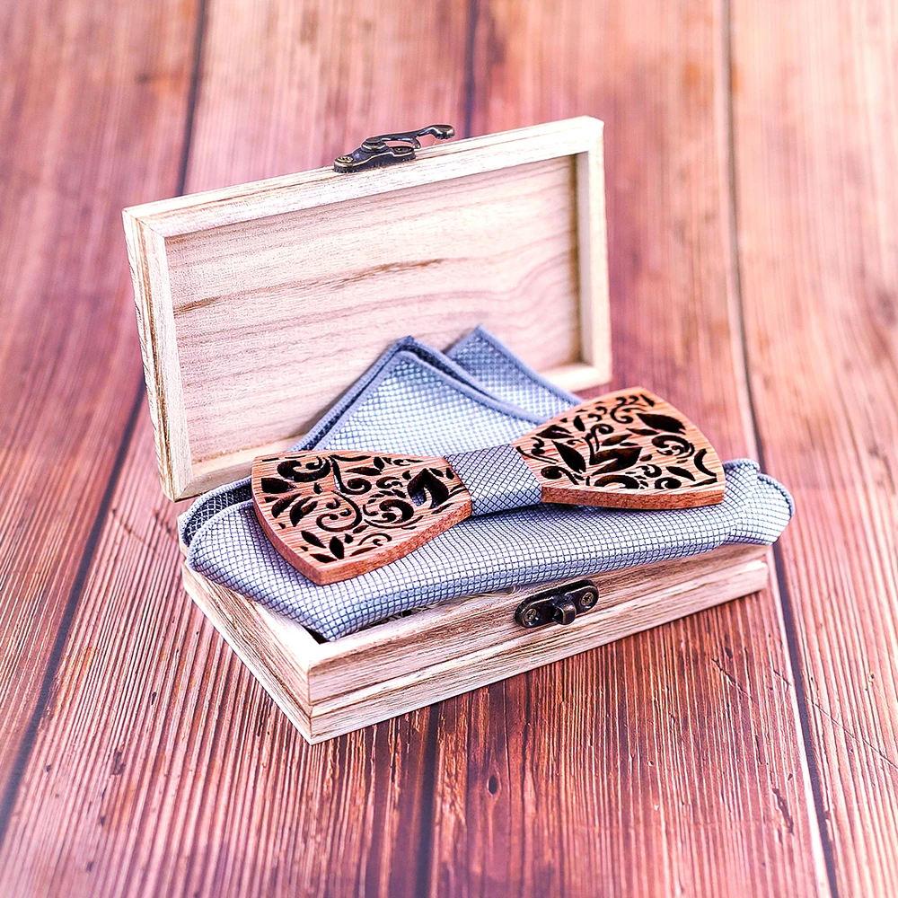 Wood BowTie Handkerchief Set Men's wooden Bowtie with cufflinks Floral design wood Box Fashion Novelty men ties