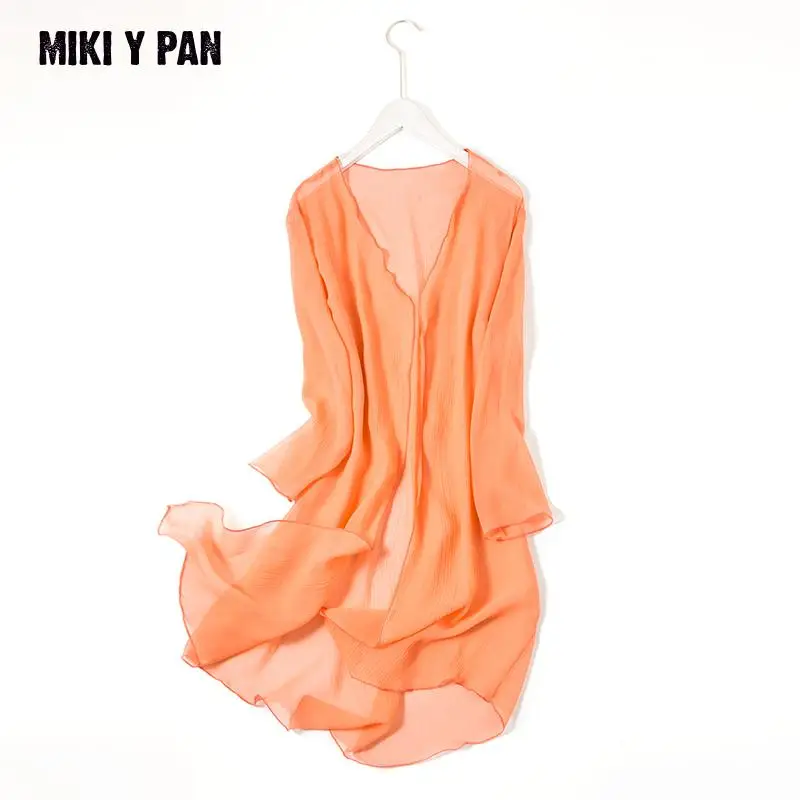Koop 2019 Nieuwe Zomer Open Stitch Zijden Blouses Vrouwen Losse Vest Zon kleding Lange Blouse Strand Tops 100% zijde Stof