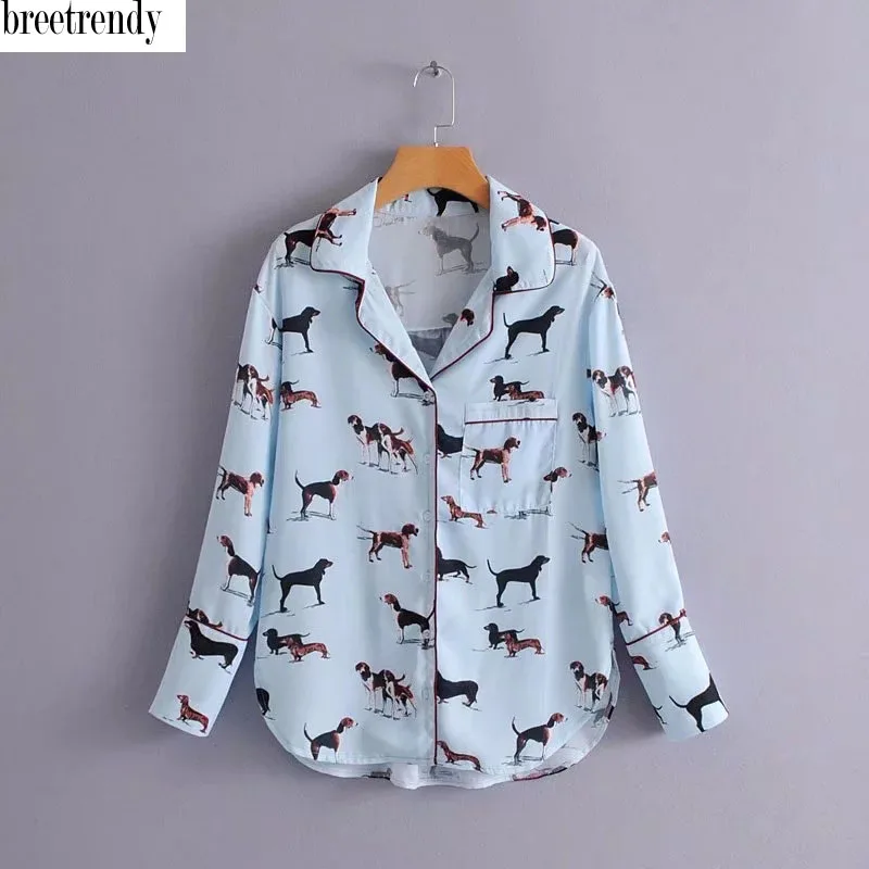 CS1628 New summer turn down collar dog print shirt women long sleeve
