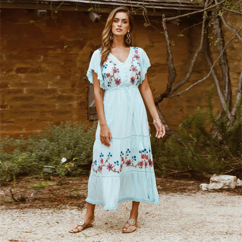 

2019 Women's Embroidery Long Dress Floral V-neck Maxi Long Dress Hollow Out Viscose Bohemian Dress Empire Ruffles Sweet Vestidos