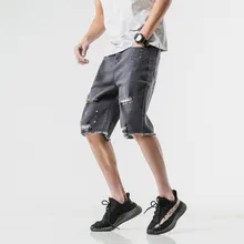 AudWhale Летние повседневные укороченные мужские джинсы Прямые рваные однотонные джинсовые шорты для мужчин повседневные до колен мужские шорты