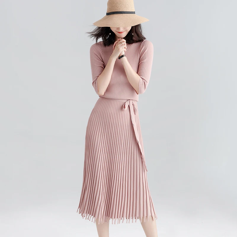 2018 New Autumn Women's Long Knitted Sweater Dress Casual Three Sleeves Female Loose Pullovers Fashion Elegant Women's Dress Dresses