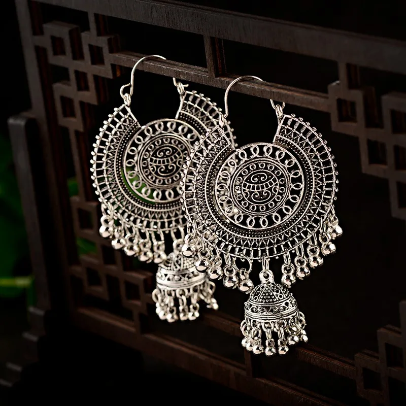 

2019 Ethnic Retro Big Round Turkish Bells Indian Jhumka Earrings Women's Classic Vintage Turkey Silver Tassel Earrings Bijoux