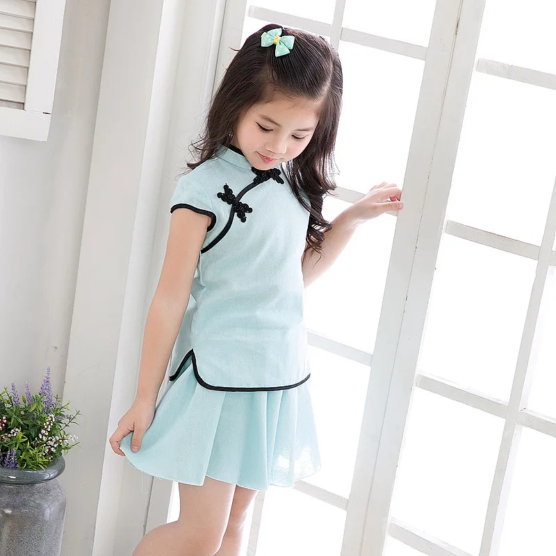 Китайский Комплект из топа и юбки в стиле Ципао для маленьких девочек