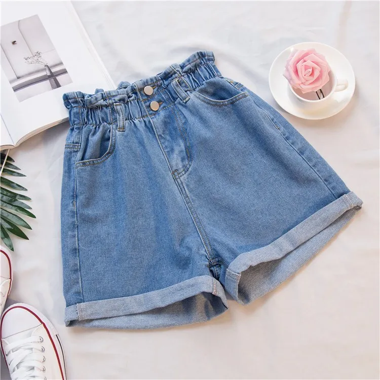 

Summer Women's Denim Shorts Large Size 5Xl High Waist Short Jeans Button Elastic Waist Harem Ruffle Shorts