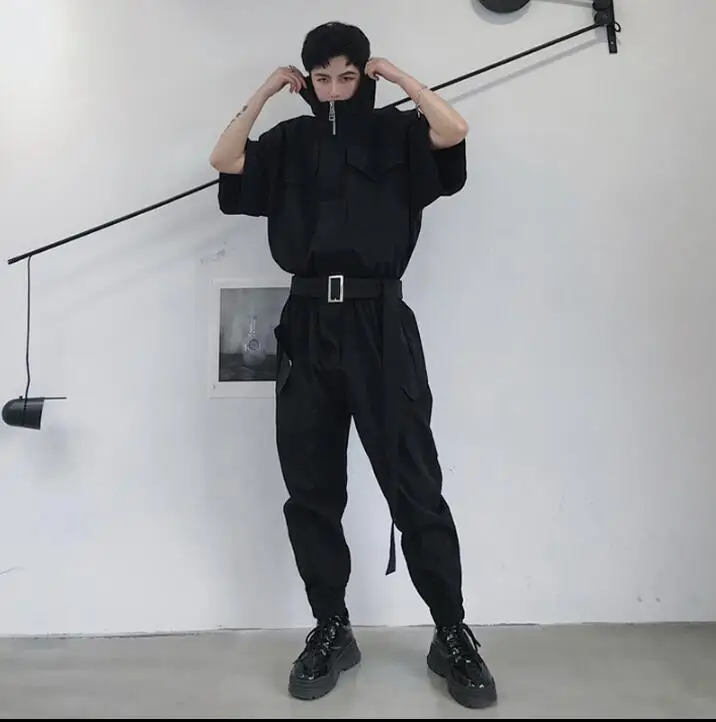 

European and American street retro men's tooling jumpsuit tide men's hip hop short-sleeved jumpsuits singer costumes