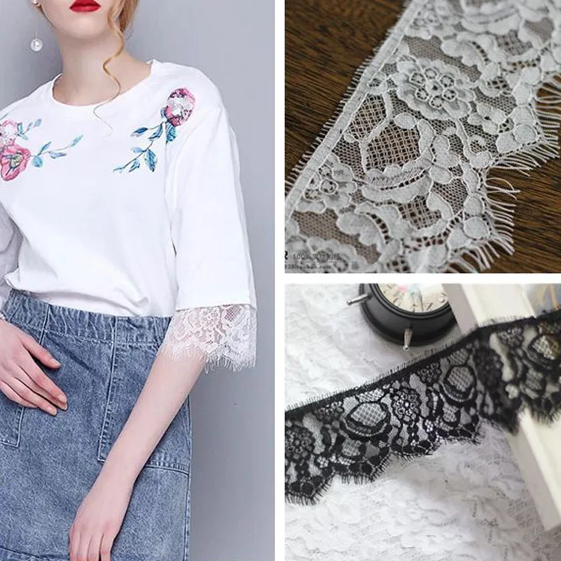 

6meters/lot Eyelashes Lace Trim Flower Black White High Quality Lace Fabric Handmade DIY Clothes Accessories Width 9CM