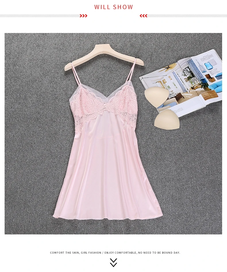 Satin Sexy Nightwear Ladies Sling Night Dress Plus Size Silk Nightdress for Female V Neck Womens Nightgown Sleepwear Chest Pads 49 (7)