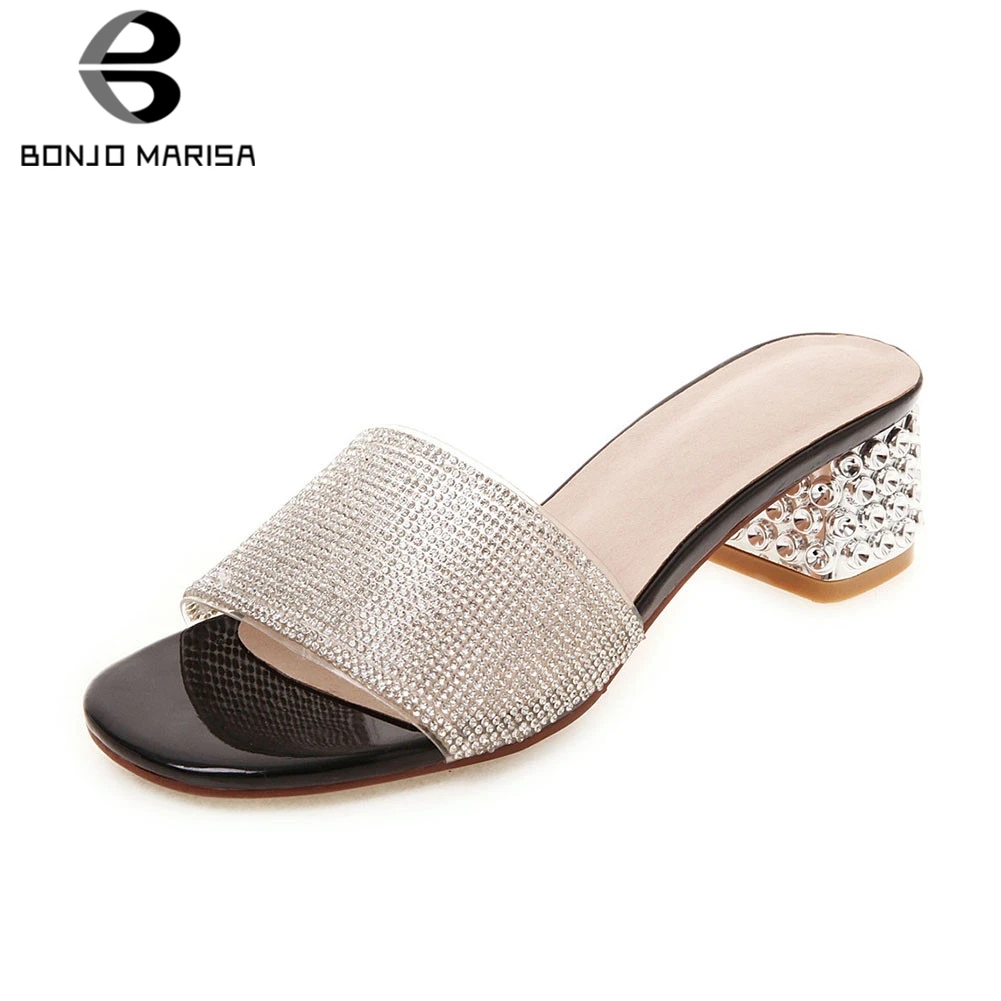 

BONJOMARISA New Hot Sale Shining Crystal Mules Women 2019 Summer Large Size 32-43 Casual Med Heels Slippers Women Shoes Woman