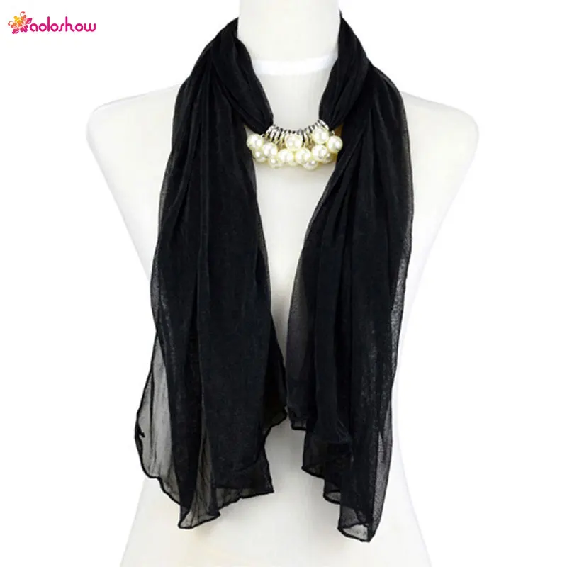 

AOLOSHOW Fashion scarf necklace for women imitation pearl charms scarf thin chiffon scarf jewelry chiffon beach scarves NL-2003