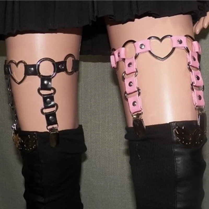 

Women Sexy Harajuku metal clip rivet punk real leather garter elastic Leg ring belt Sweet heart O-round Goth Stocking Suspender