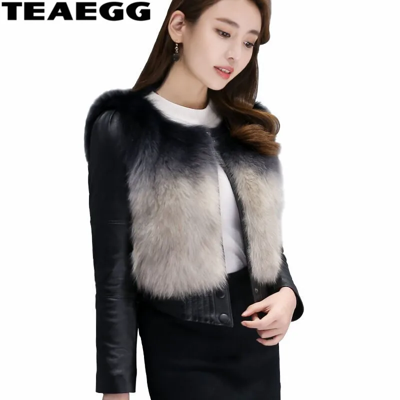 

TEAEGG Faux Sheep Leather Jacket Women Clothing Faux Fox Fur Black Women's Leather Jacket Famale Casacas De Cuero Mujer AL327