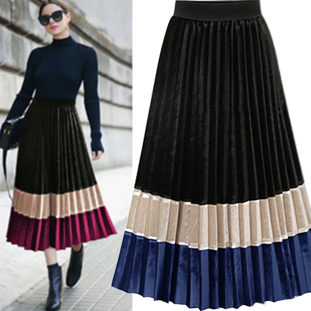 

2019 Womens Elegant Fall Contrast Color Blue Burgundy Pleated Skirt Elasticated High Waist One Size Skirt