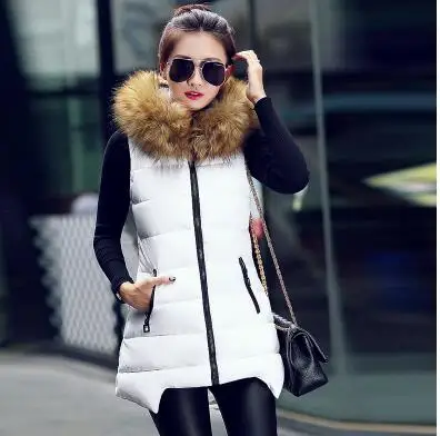 Женская длинная жилетная куртка без рукавов меховой воротник с капюшоном вниз хлопок теплый жилет большой ярдов женский зимний жилет Талия Пальто Y355 - Цвет: White