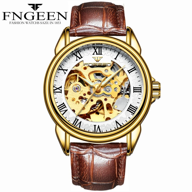 Золотые женские часы, мужские часы FNGEEN Relogio Feminino masculino, автоматические механические часы с скелетом, автоматические часы - Цвет: man leather 12