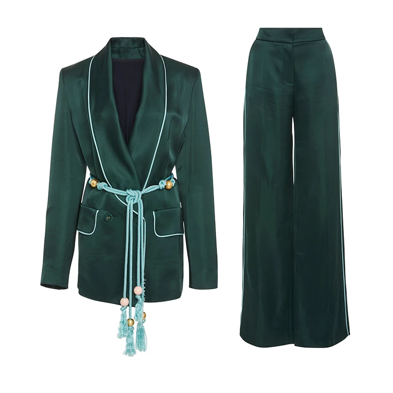 Caltwalk Модные осенние женские с длинным рукавом, с отложным воротником, роскошное атласное пальто+ длинные широкие штаны, комплект из 2 предметов, костюм C2496
