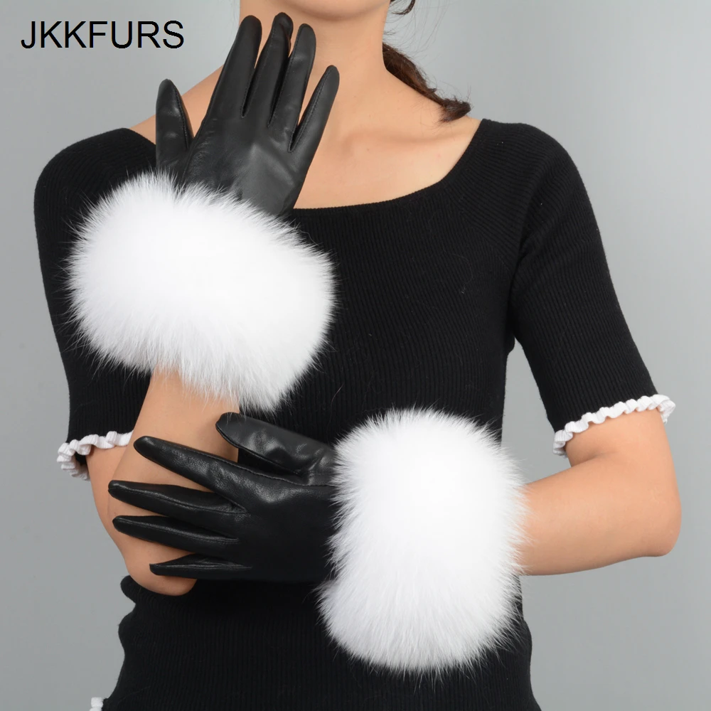 Женские перчатки из натуральной кожи, зимние теплые перчатки из натуральной овчины и лисьего меха, модный стиль, натуральный Пушистый Лисий Мех S7200
