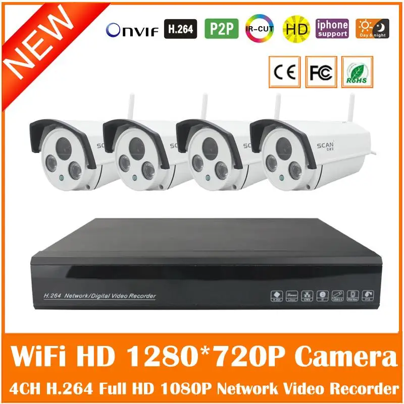 4ch 1080 P H.264 NVR 4 шт. Wi-Fi HD 1mp 1280*720 P открытый Водонепроницаемый Пуля IP Камера охранных Товары теле- и видеонаблюдения Наборы