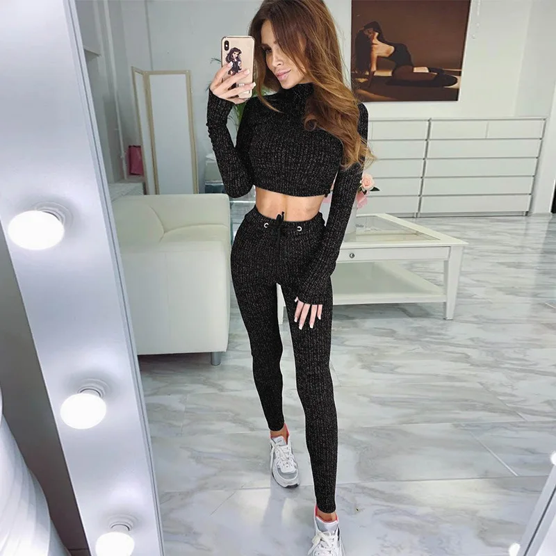 

Tight Women's Yoga Sets Round Neck Open Navel Long Sleeve T-shirt Training Pants Black Yoga 2-piece Fitness Suit Gym Sets