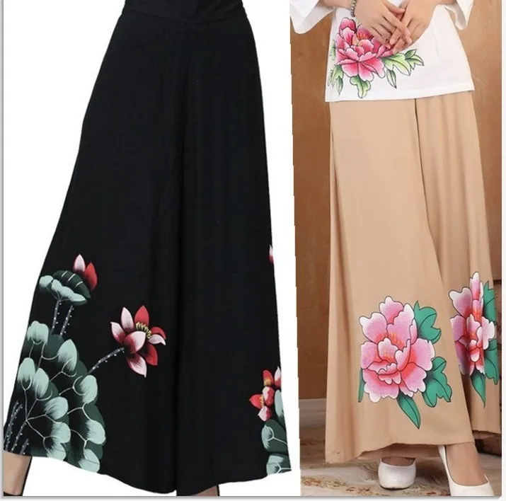 

New Women's Pants 2019 Summer Autumn Mid Waist Wide Leg Pants Casual Loose Floral Print Cotton Linen Trousers Pantalon Femme