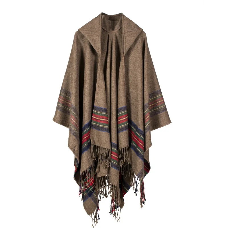 

Thickening Striped Warm Oversize Womens Cashmere Imitation Wool Scarf Hooded Poncho Cape Poncho Blanket Cloak Wrap Shawl Coat